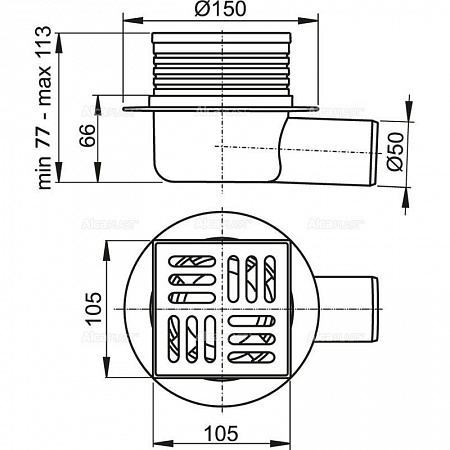 Сливной трап 105 105/50, подводка – боковая, решетка – нерж. сталь, гидрозатвор, арт.APV26