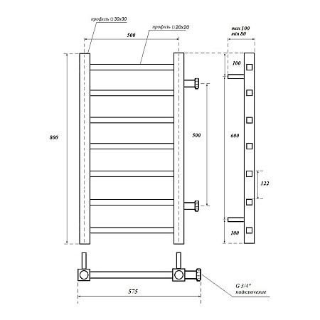 Полотенцесушитель водяной Point Вега PN71558B П7 500x800 с боковым подключением 500, черный