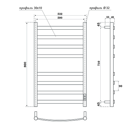 Полотенцесушитель электрический Point Антея PN17858B П8 500x800, диммер справа, черный