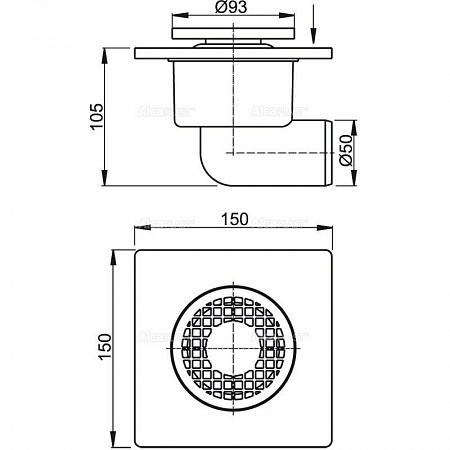 Сливной трап 150 × 150/50, подводка – боковая, решетка – серая, гидрозатвор – мокрый, арт. APV3