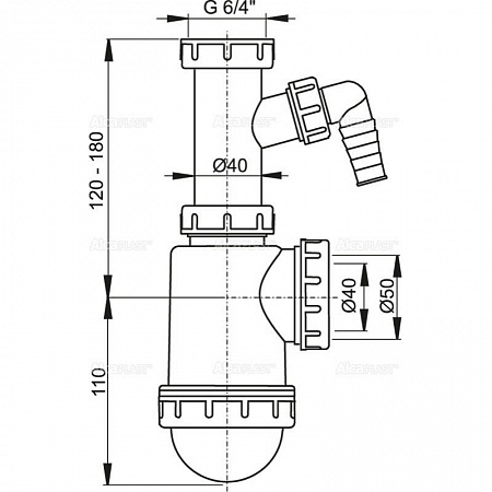 Сифон для мойки с накидной гайкой 6/4" и подводкой, арт. A443P-DN50/40