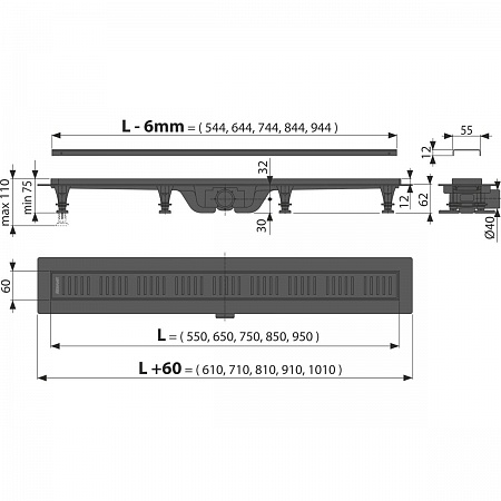Водоотвод желоб с порогами для перфор решетки, чер-мат,арт.AG101101650 (аналог APZ10BLACK-650M)