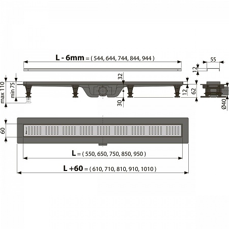 Simple - Водоотвод. желоб с порогами для перфорир. решетки, арт. AG100401850 (аналог APZ10-850M)