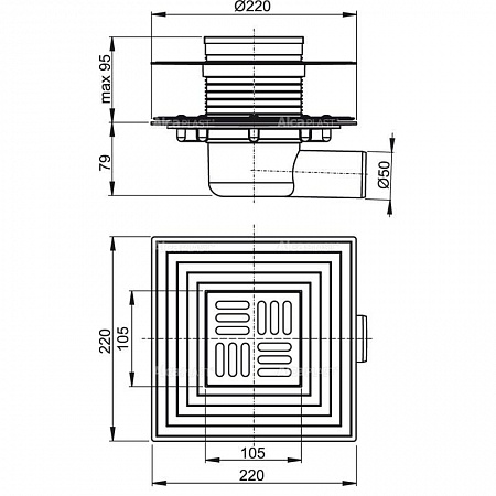 Сливной трап 105 × 105/50, подводка – боковая, решетка – нерж, арт. APV1324