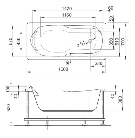 Ванна акриловая Ina 160х70