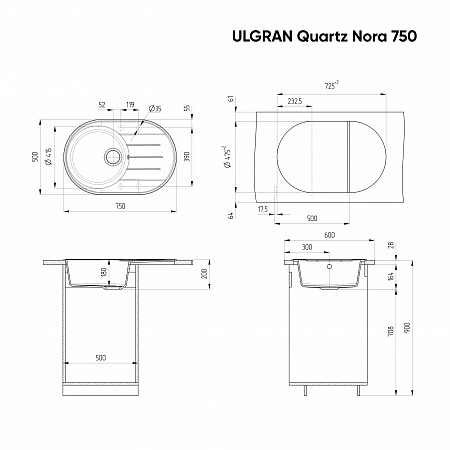Мойка кухонная ULGRAN Quartz Nora 750-07, уголь 