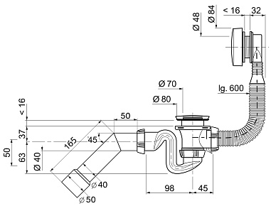 Слив-перелив WIRQUIN SB600 п/автомат, латунь, перелив L600 мм и труба на 45 град. (40-40/50), хром