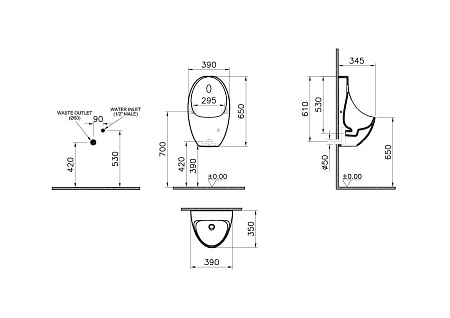 Писсуар Vitra Arkitekt 5999B003-5555, безободковый, сенсорный, питание от батарейки