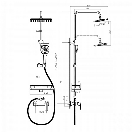 Смеситель Rossinka RS27-46 для ванны с верхней лейкой "Тропический дождь", с пов. изл. 97 мм и 3-ф