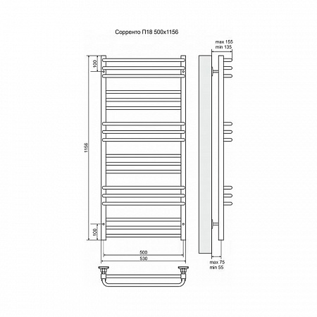 Полотенцесушитель электрический Terminus Соренто П18 500x1156, ТЭН HT-1 300W, левый/правый