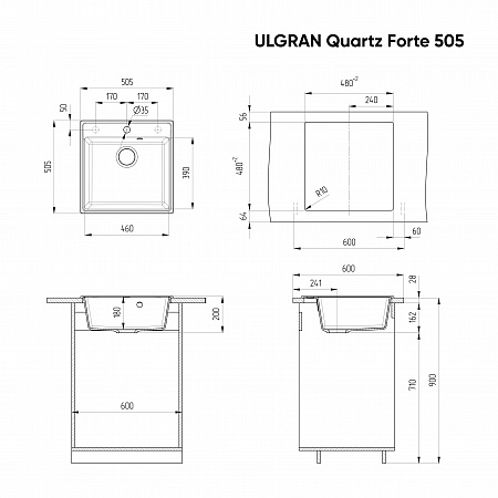 Мойка кухонная ULGRAN Quartz Forte 505-04, платина