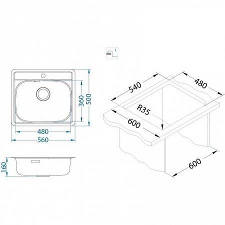 Мойка кухонная Alveus More 10 LEI 560х500х166 нержавеющая сталь, с сифоном