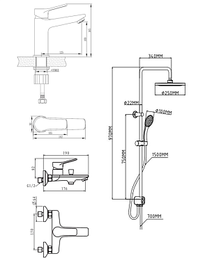 Набор с душевой системой и смесителями д/рак и д/ван арт.DI3in1