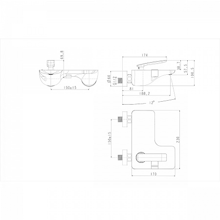 Смеситель Lemark Bellario LM6802C для ванны с монолитным изливом, настенный, хром