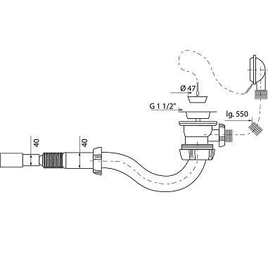 Слив-перелив WIRQUIN с S-образным сифоном с гофротрубой на 40x40/50, выпуск пластик