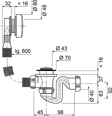 Слив-перелив WIRQUIN ELTON полуавтомат, вентиль ABS хром, клапан латунь хром, L600 мм