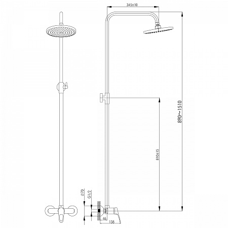 Смеситель Rossinka B35-44 для душа с регулируемой высотой штанги и лейкой "Тропический дождь"