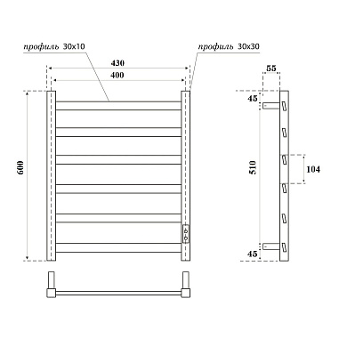 Полотенцесушитель электрический Point Атлант PN18846W П6 400x600, диммер справа, белый