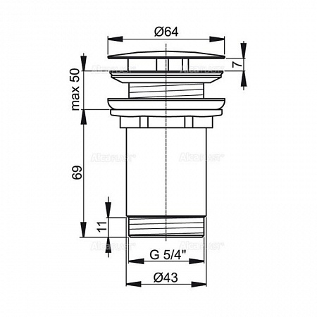Водослив для умывальника 5/4" цельнометал. с большой пробкой, для умывал. без перелива, арт.A396