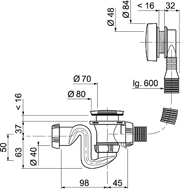 Слив-перелив WIRQUIN SB600 полуавтомат, вентиль и клапан латунь хром, L600 мм