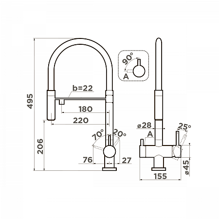 Смеситель OMOIKIRI Kanto-PVD-GM для кухни латунь/вороненая сталь