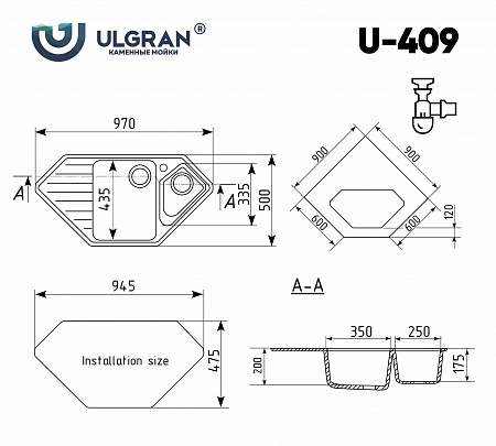Мойка кухонная Ulgran U-409-309, темно-серый
