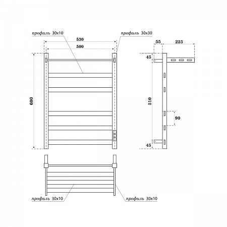 Полотенцесушитель электрический Point Меркурий PN83856PB П5 500x600 с полкой, диммер справа, черный