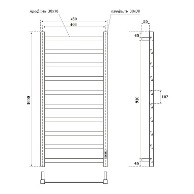 Полотенцесушитель электрический Point Атлант PN18840W П10 400x1000, диммер справа, белый