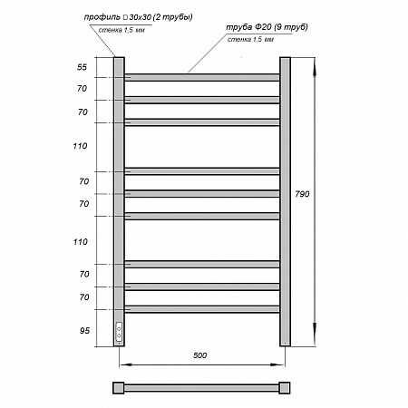 Полотенцесушитель электрический Point Веста PN70758W П9 500x800, диммер слева, белый