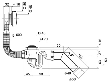 Слив-перелив WIRQUIN ELTON п/автомат, перелив L600 мм и труба на 45 град. (40-40/50)