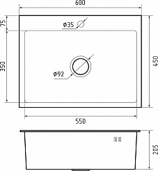 Мойка GF METAL нерж.сталь AISI 304 PVD графит 1 чаша 600*450*215 мм арт.GF-6045 PVD графит