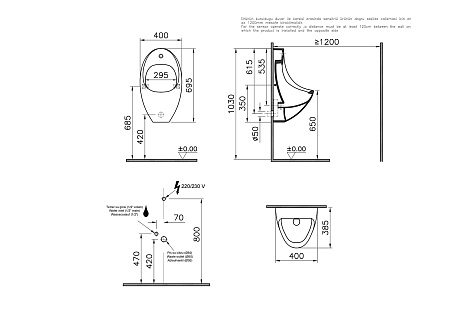 Писсуар Vitra Arkitekt 4106B003-5598 с сенсорным смывом, питание от сети